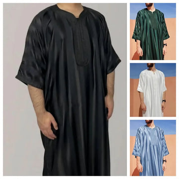 Men’s Loose Fit Moroccan Robe – 3/4 Sleeve Thobe with Round Neck | Multiple Colours