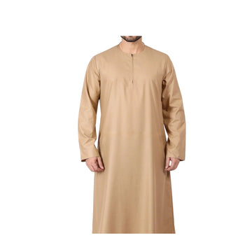 Men's classic beige thobe with front zip closure – soft and breathable fabric.