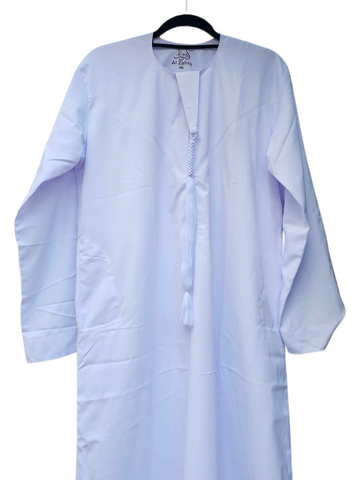 White thobe with round collar and tassel by Al Zahra, suitable for men and boys