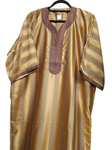 Moroccan Golden Bronze Short Sleeve Thobe for Men – Shiny Jubba with Brown Embroidery
