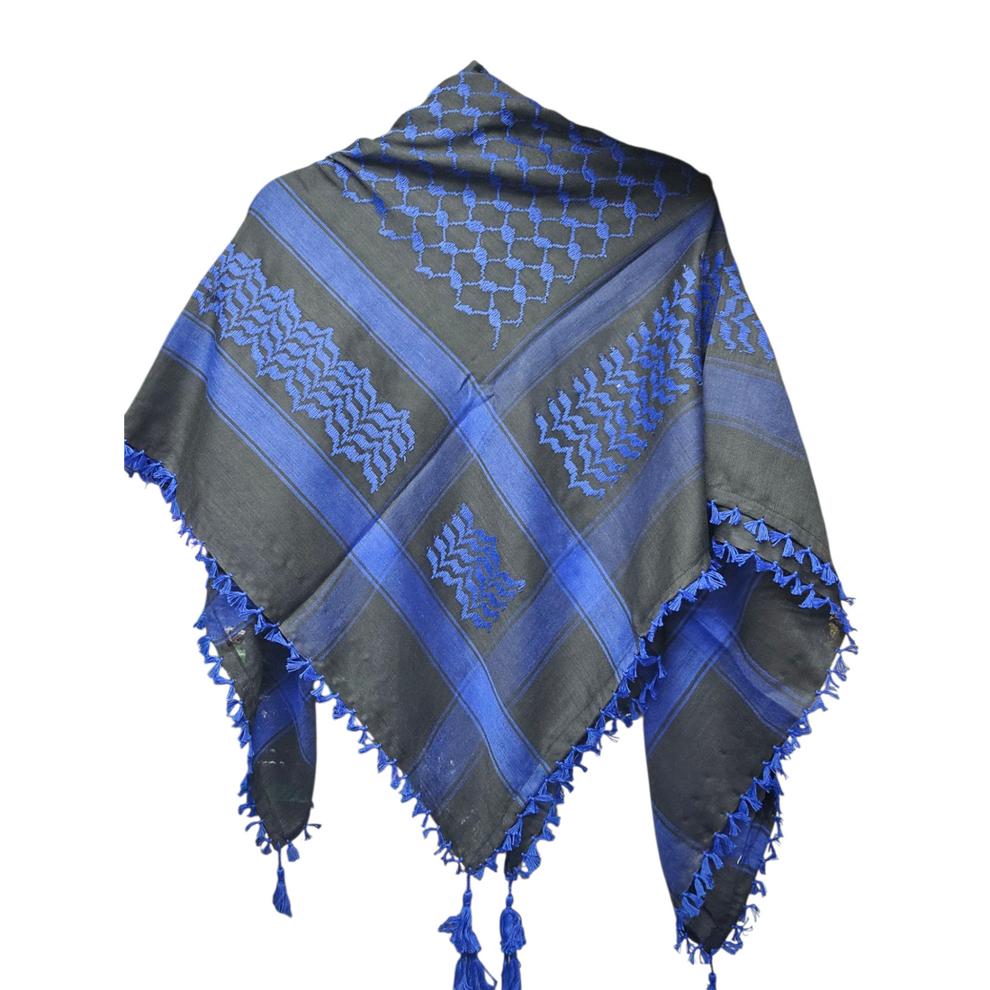 Traditional black and blue keffiyeh shemagh scarf with tassels and woven design