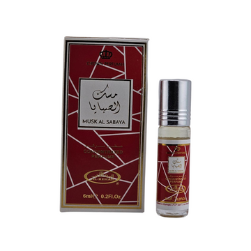 Musk Al Sabaya 6ml roll-on perfume oil by Al Rehab in red and gold box – concentrated alcohol-free fragrance.