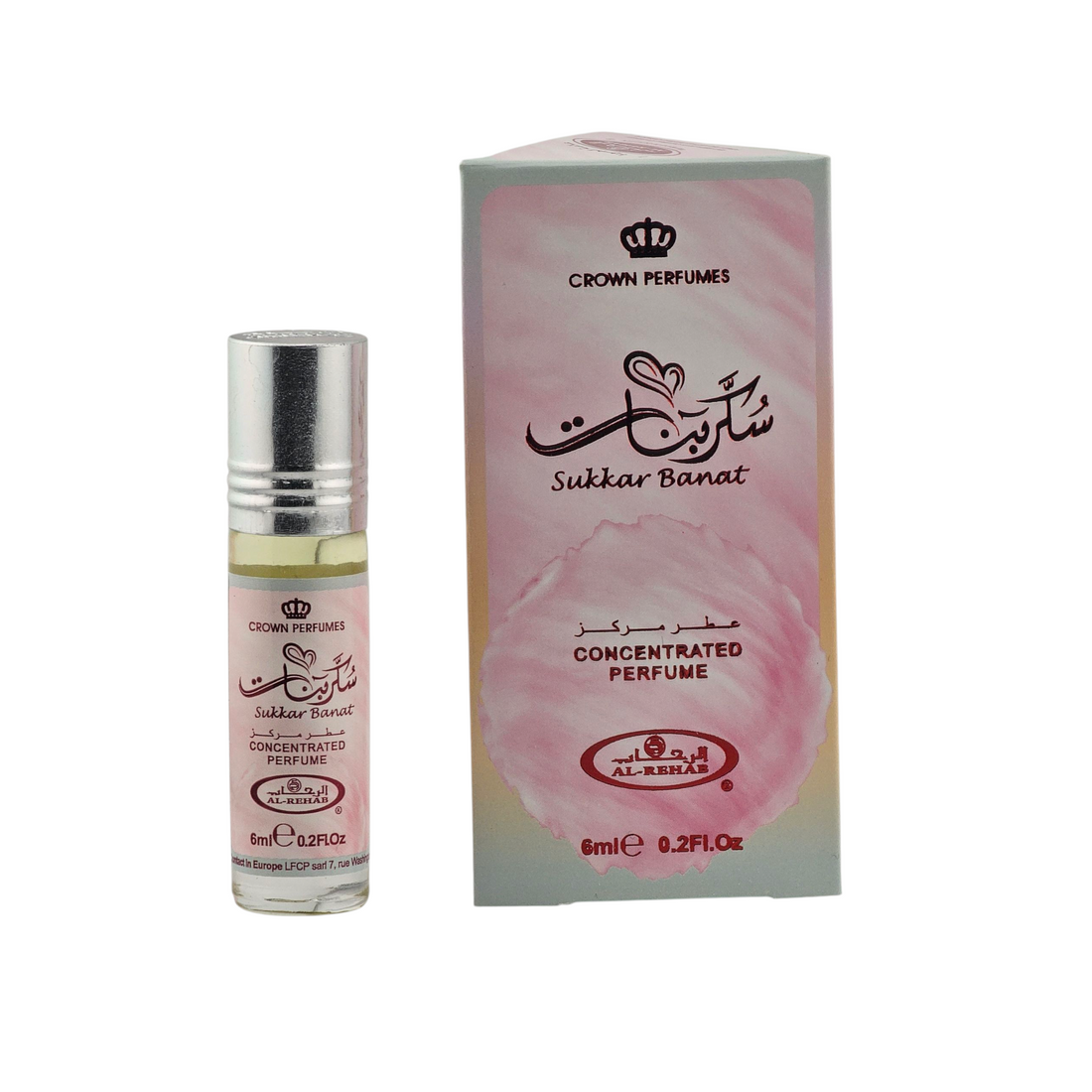 Sukkar Banat 6ml perfume oil by Al Rehab – sweet cotton candy scent in pastel pink packaging with roll-on bottle for women.