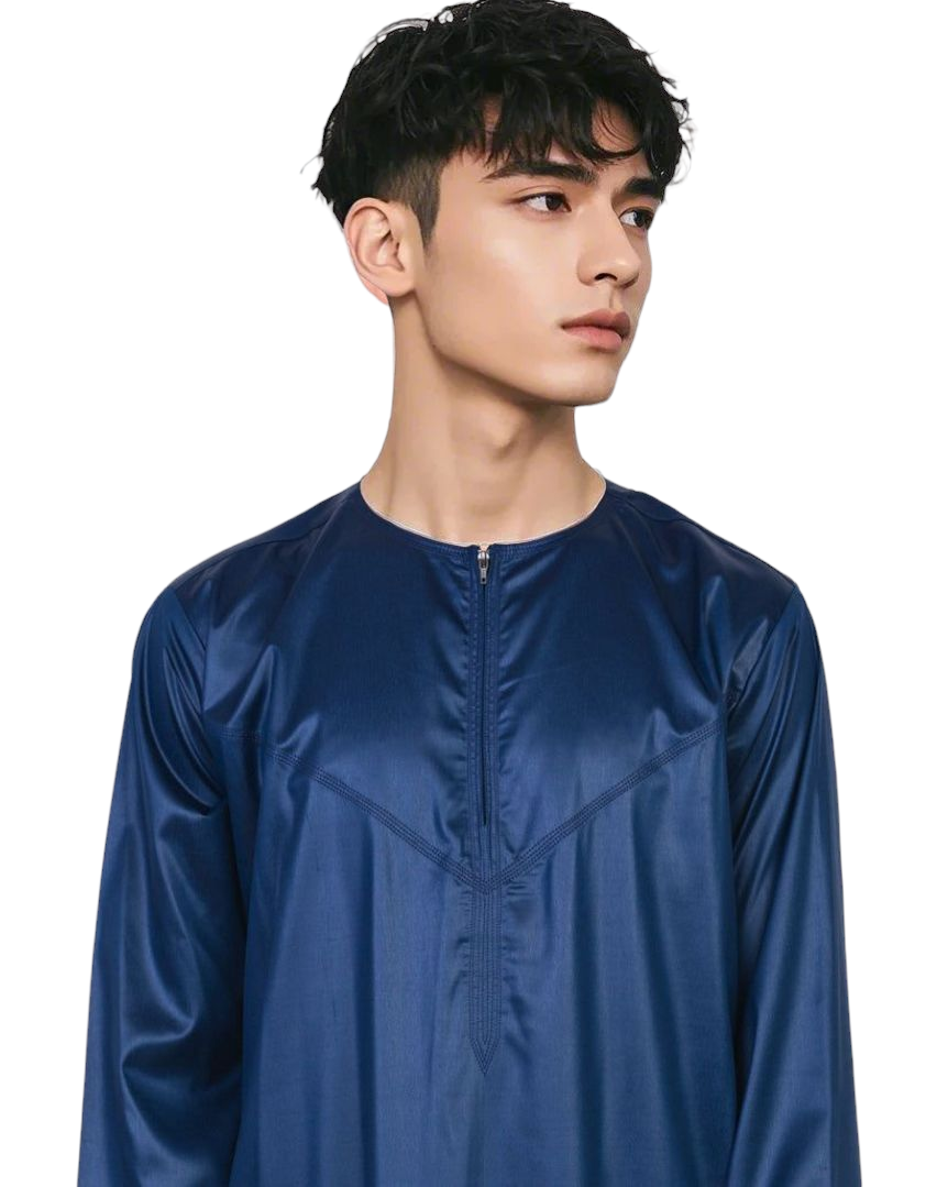 Men's Shiny Navy Blue Thobe with Zipper – Premium Quality