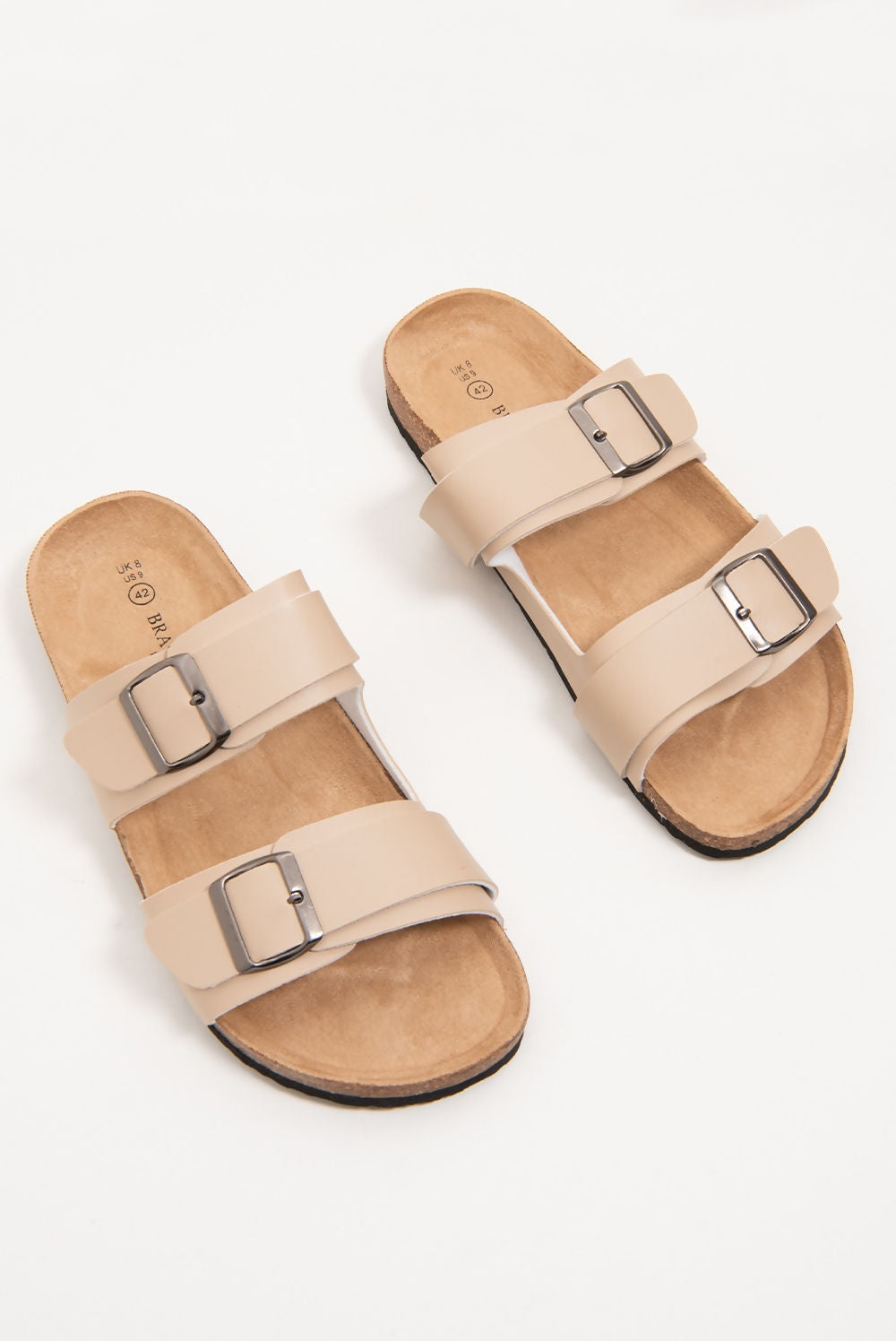 Men's Beige Double Buckle Strap Slip On Sandals