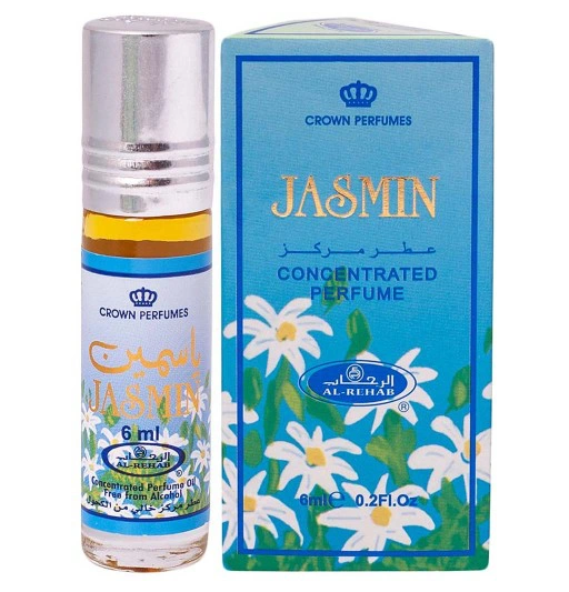 Jasmin 6ml Roll-On Perfume Oil by Al Rehab, a small elegant bottle with alcohol-free sweet floral jasmine scent, available at Al Zahra